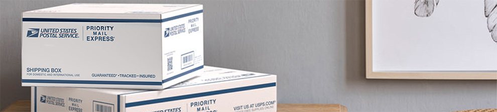 Two Priority Mail Express International® boxes sitting on a table.